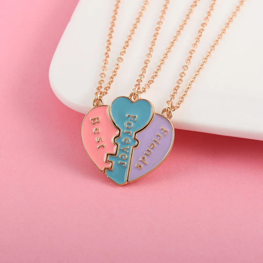 Winoneday 3Pcs/set Heart-shaped Key Stitching Letter Best Forever Friend Necklace for Girls BFF Friendship Jewelry Gift