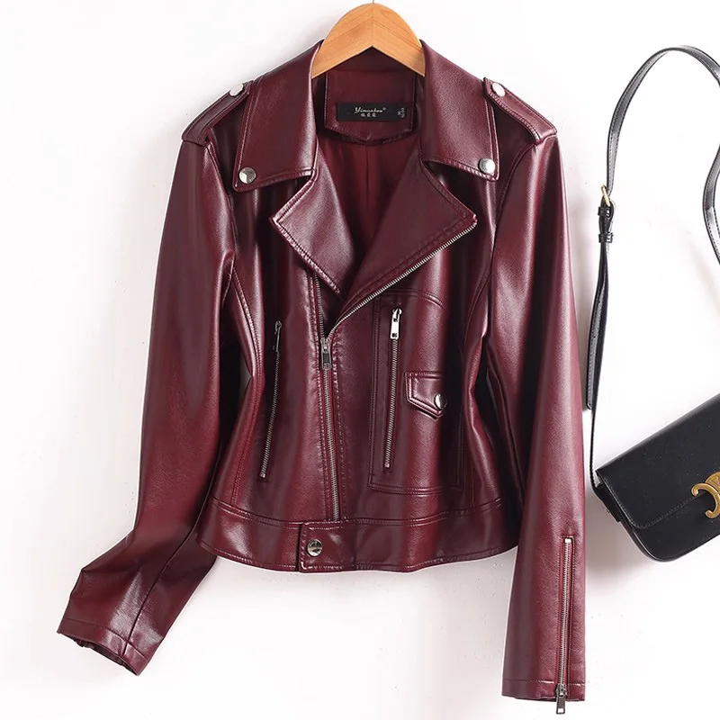 New Women Split Leather Biker Jacket Spring Autumn Fashion Notched Collar Long Sleeve Short Leather Coat Casual Outerwear Female
