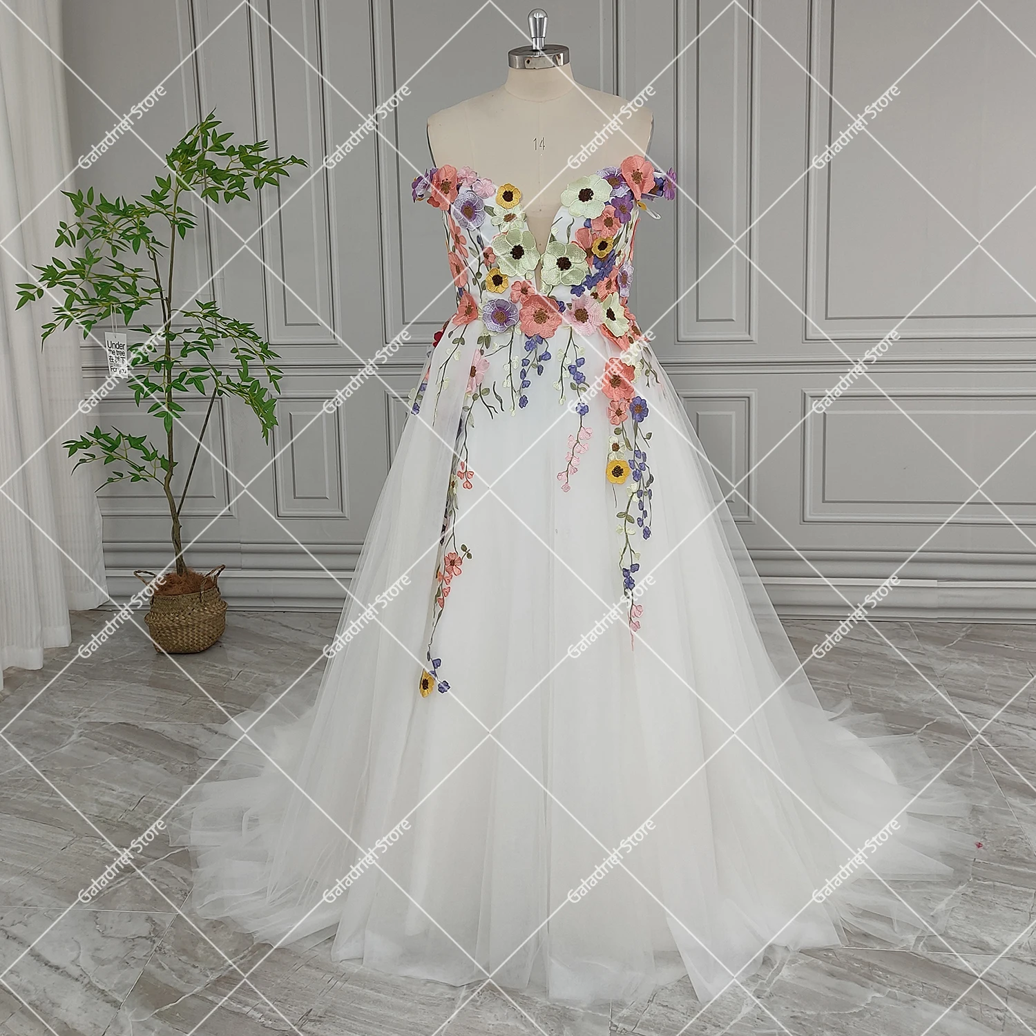 Vestido de novia de colores con bordado de flores y hombros descubiertos, vestido personalizado de tul hinchado con apliques coloridos en 3D de