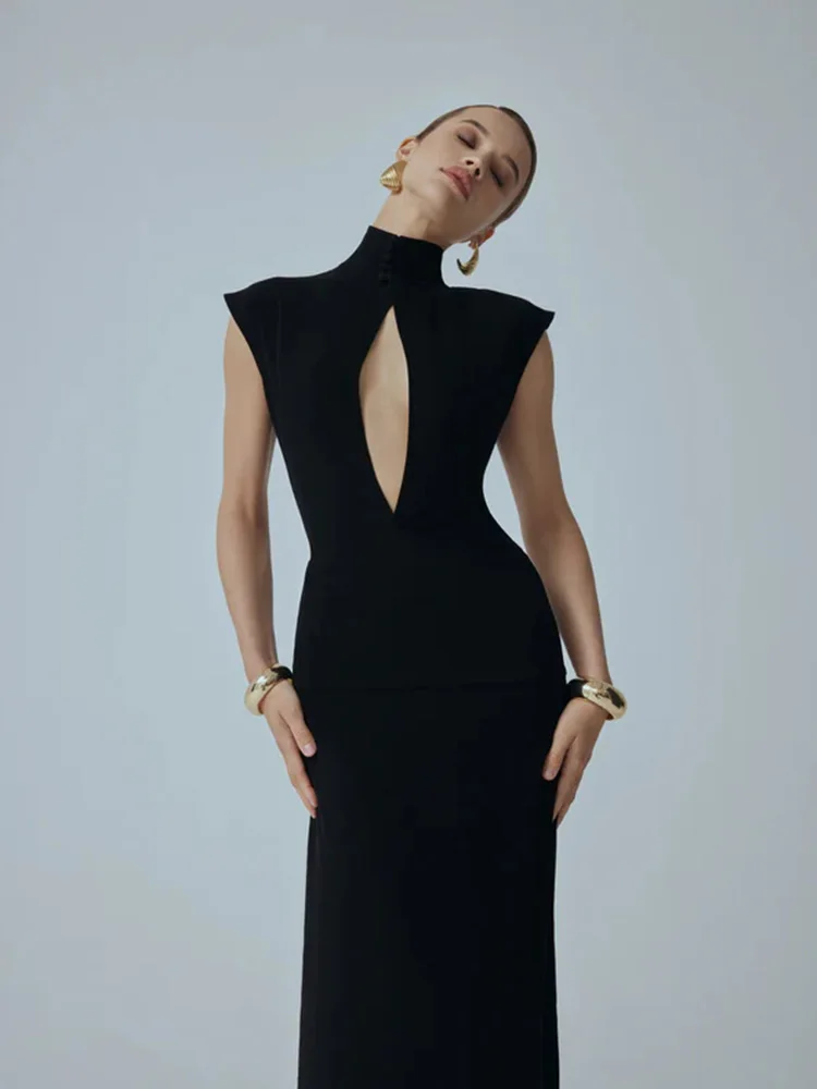 Vestidos lisos para mujer, moda Sexy, ropa de calle, manga corta, cuello alto, Vestidos largos transparentes calados, batas femeninas de ajuste elegante