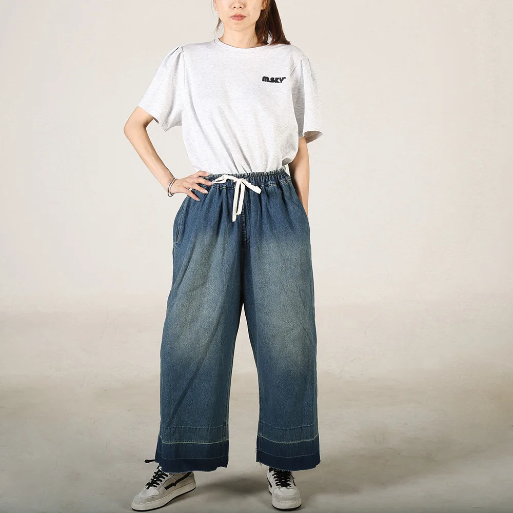 Livraison gratuite printemps et été nouvelle mode longue taille élastique rinçage longueur fjFor femmes 3/4 pantalons jeans M-L grande taille