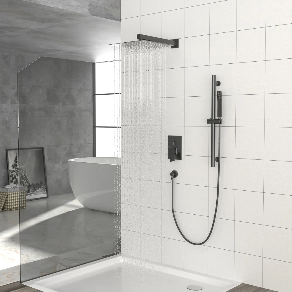 

Shower System with Adjustable Slide Bar 12 Inch Wall Mounted Square Shower System with Rough-in Valve Matte Black