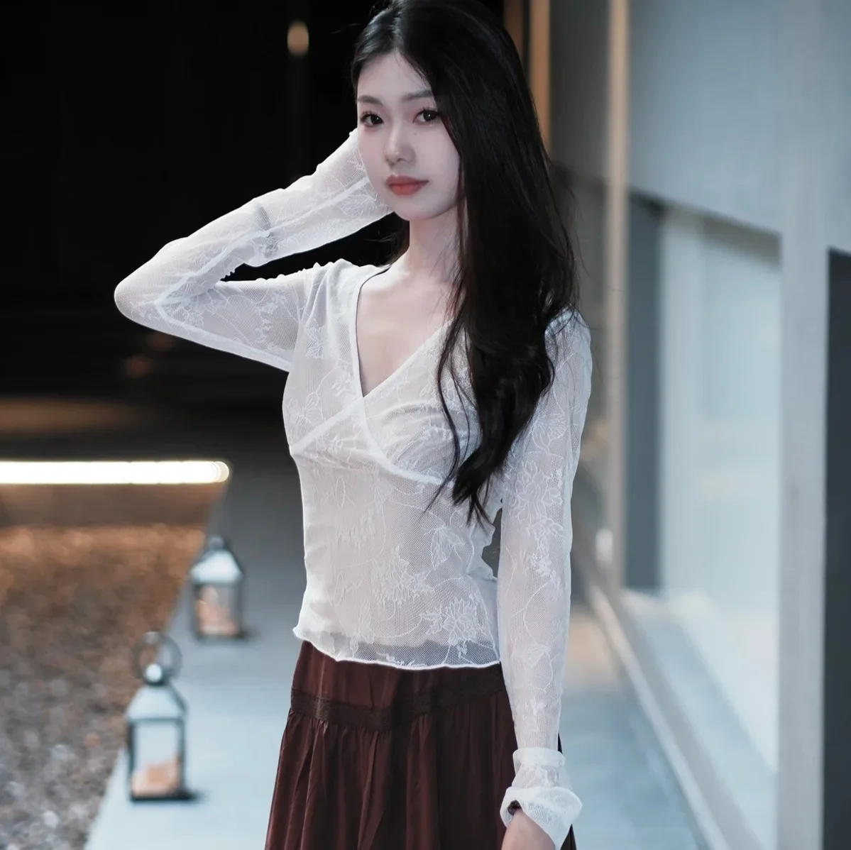 Jesienna, seksowna koszulka z dekoltem w serek, wyszczuplająca, z długim rękawem, damska bluzka z koronkową siateczką, modelująca i wygładzająca.