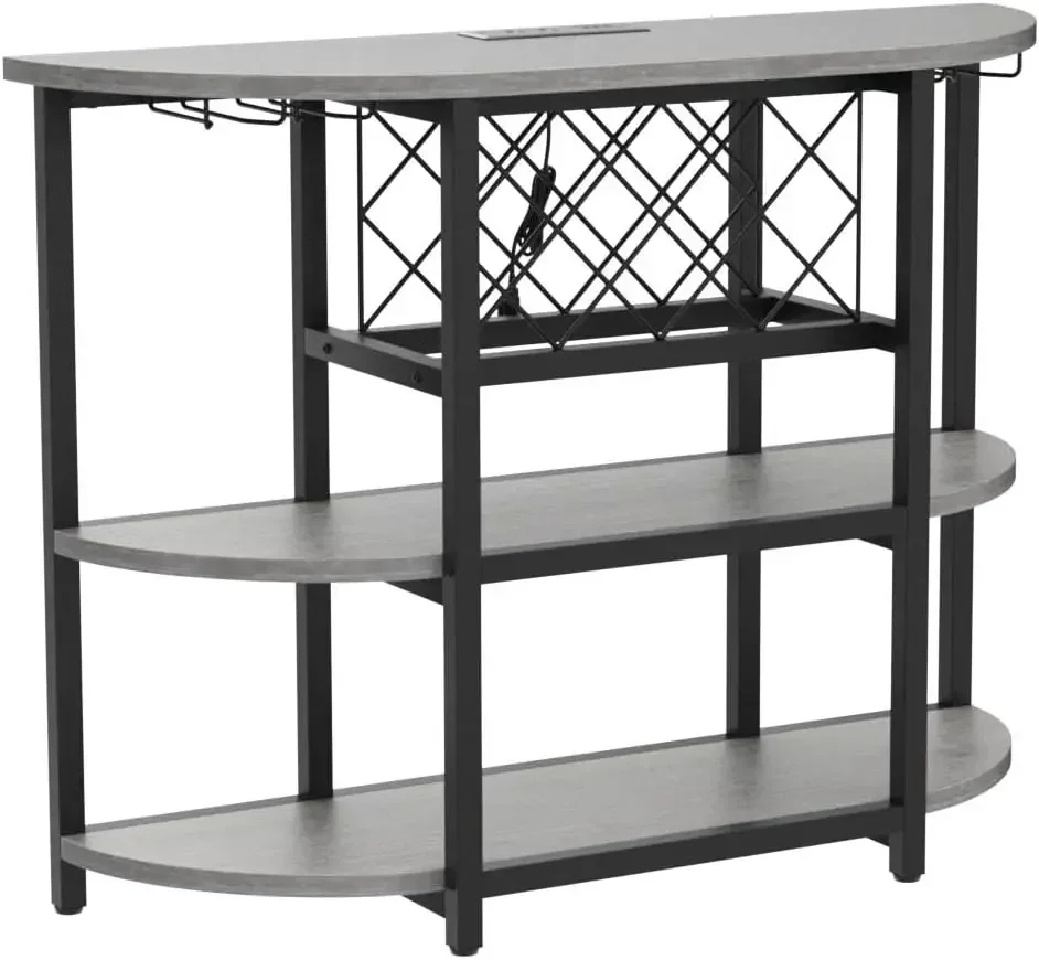 Bar Table Cabinet with Power Outlet, LED Home Mini Bar Cabinet for Liquor, Metal Wine Bar Stand with 4-Tier Storag