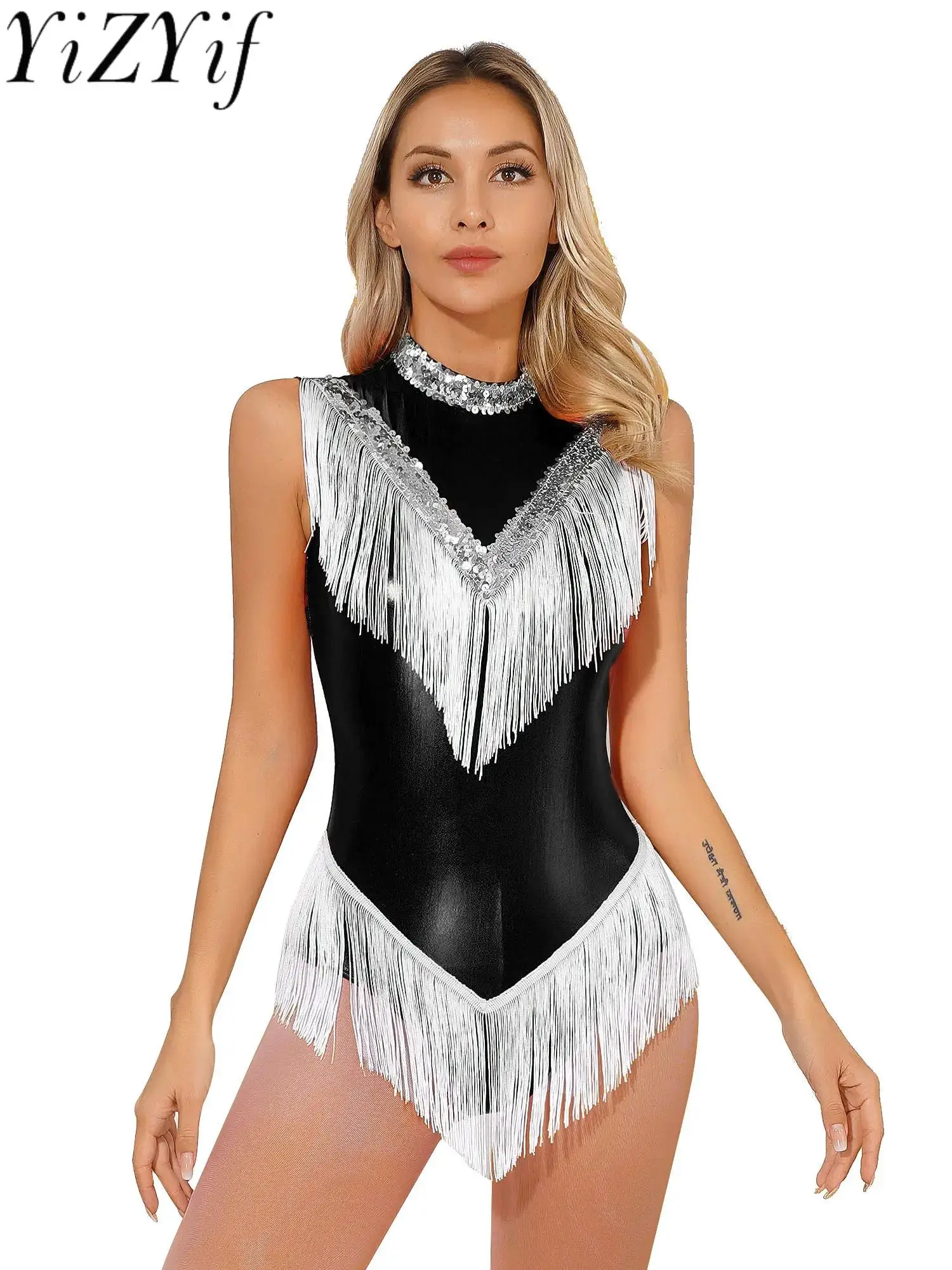 Body da ballo latino scintillante da donna con nappe e paillettes Ginnastica ritmica Body da ballo Ballerina Jazz Danza Costume di scena