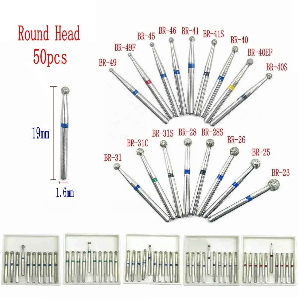 50 sztuk/5 pudełek Dental diamentowa kula okrągłe Burs Dental szybka prostnica Burs dentystyczne wiertła diamentowe 1.6mm Shank BR Series