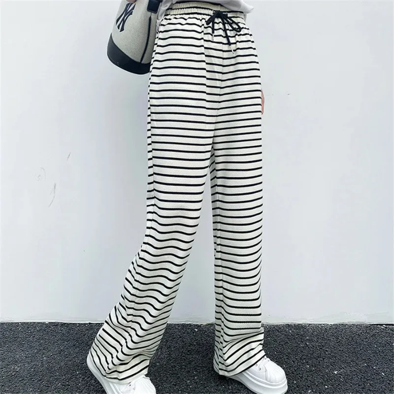 

Korean Fashion New Spodnie Spring Elastic High Waist Trousers Casual Stripde Wide Leg Pants Women's Baggy Straight Pantalones