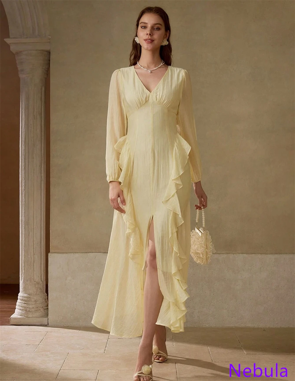 カスタマイズされたモダンなイエローシフォンイブニングドレス V ネック長袖オーダーメイドオケージョンドレスホームカミングドレス高品質ソフト