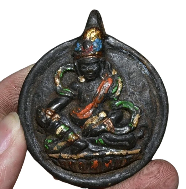 

6CM Old Tibet Bronze Painting Yellow Jambhala Wealth God Buddha Amulet Pendant