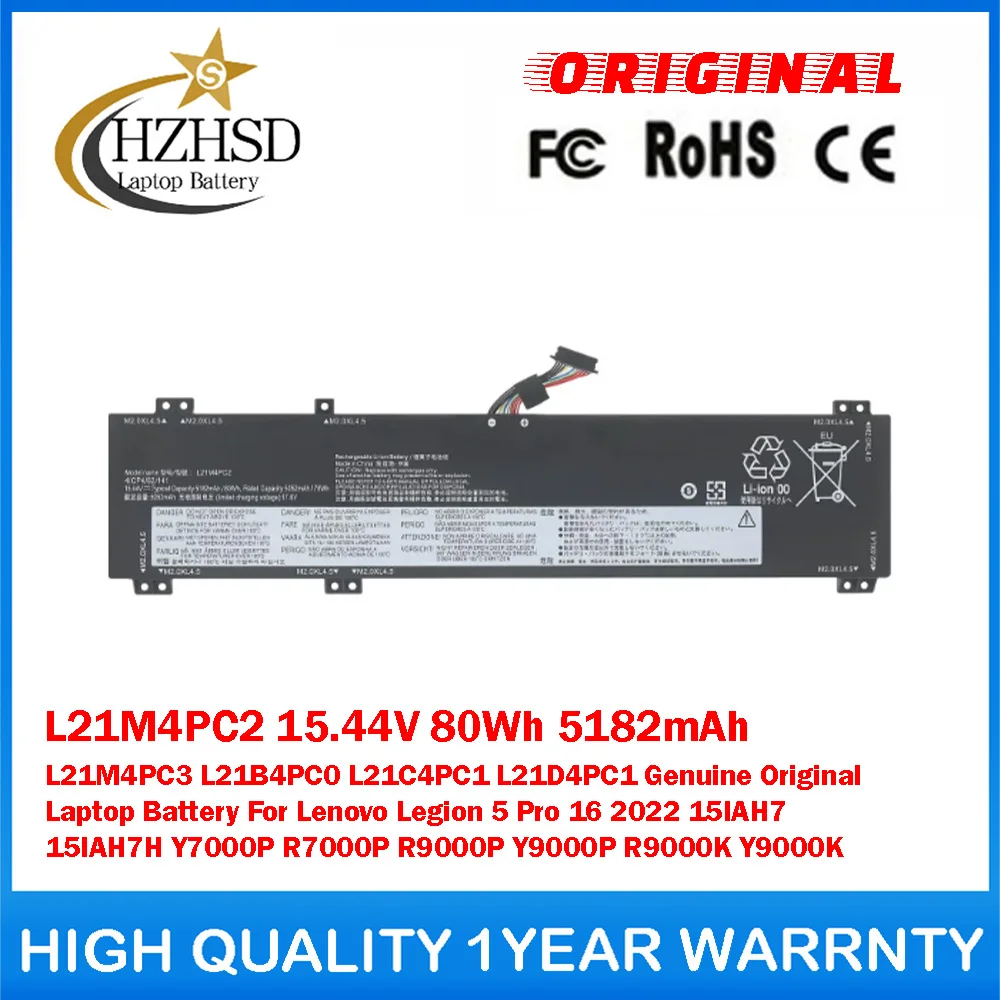 L21M4PC2 15.44V 80Wh 5182mAh L21M4PC3/B4PC0/C4PC1/D4PC1 Genuine Original Laptop Battery For Lenovo Legion5 Pro 16 2022 15IAH7/7H