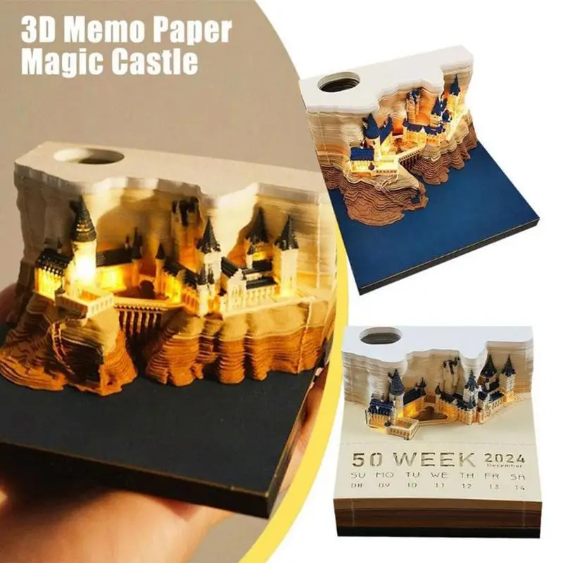 3D Memo Pad Calendar 2024 Magical Castle 3D Calender Rip Away Calendar 3D Art Notepad Tear Away Calendar Sculpture For Desktop