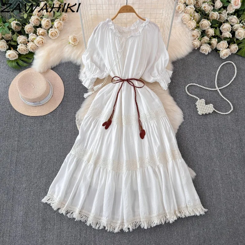 

Summer Dresses for Holiday Bandage Ruffles Patchwork Vestidos Pleated Tassel Lace Femme Robe Solid Color Bohemian Ropa Mujer