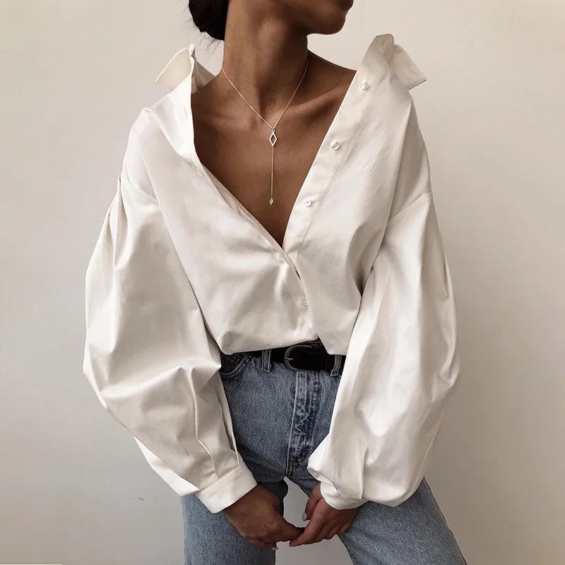 New Lantern Sleeve Elegant Shirt White Black Sexy Button Vintage Blouse Turn Down Collar Office Ladies Shirt Female Casual 10903