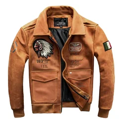 Orange Winter Pilot Leather Jacket Men Military Style Plus Size 5XL Genuine Natural Thick Cowhide Flight Leather Coat