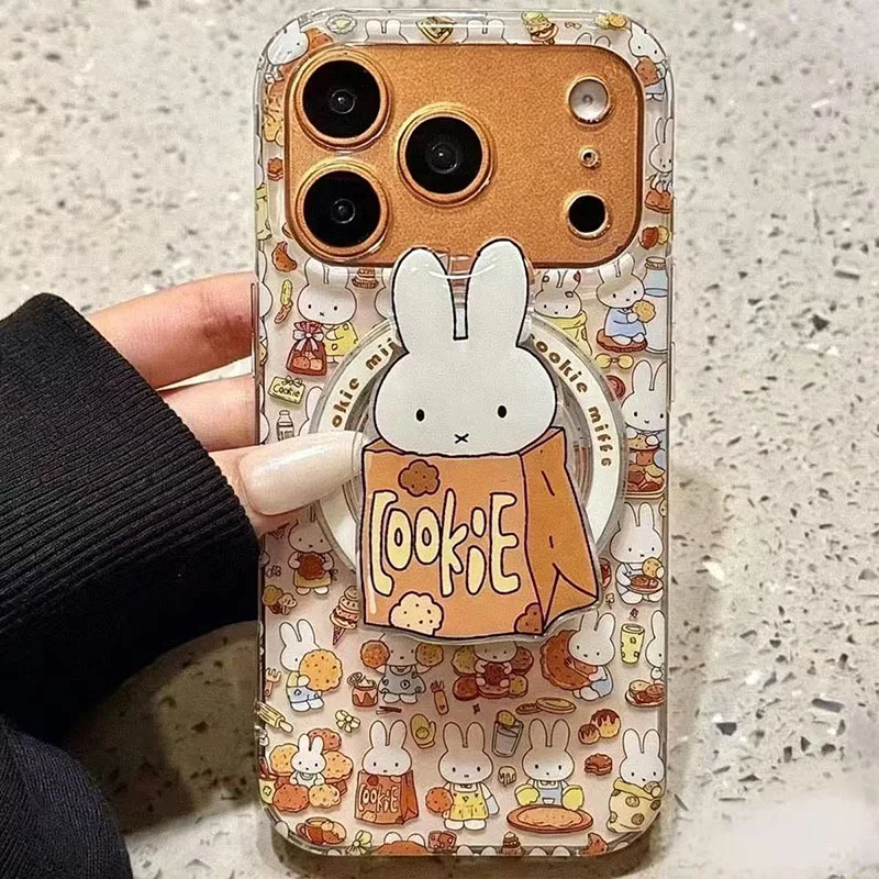 Cute Miffy Rabbit Magnetic Phone Case Cookie Lazy Stand Clear Shockproof Cartoon Cover for IPhone 17 Pro 16 Pro 15 14 13 Gifts