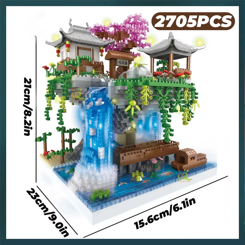 2705PCS Ancient Architecture Peach Blossom Pond Castle With Light Building Blocks Set Assembly Diamond Brick Toys Children Gifts