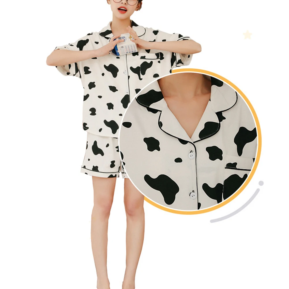 

Summer Women Cotton Pajamas Casual Homewear Set Short Sleeve Shorts Cow Pattern Comfortable Indoor Outdoor