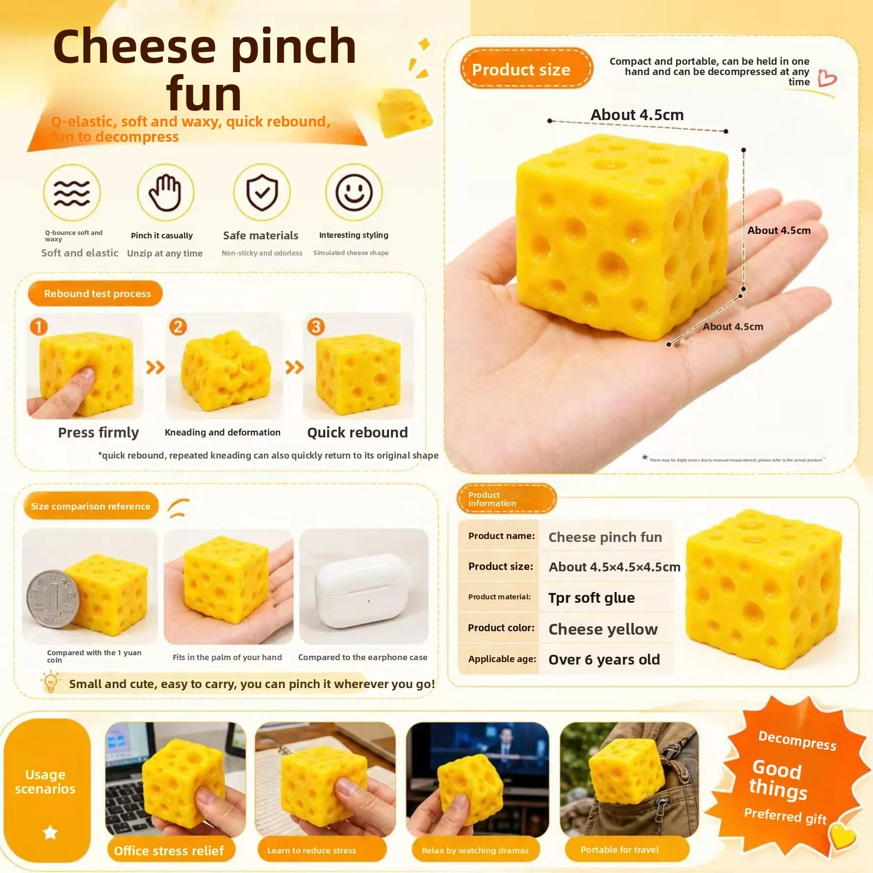 Square Cheese Squishy Toy Slow Rising TPR Soft Stress Relief Squeeze Toy Desk Decor
