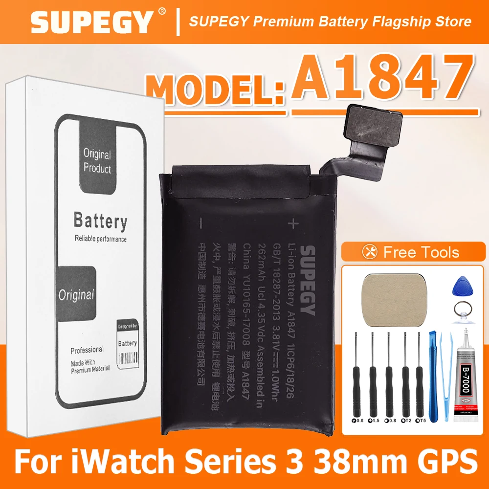 SUPEGY Battery A1847 For Apple Watch  Series 3 38mm GPS Version/Series 3 38mm A1847 A1848 Battery 334mAh+ Free Tools