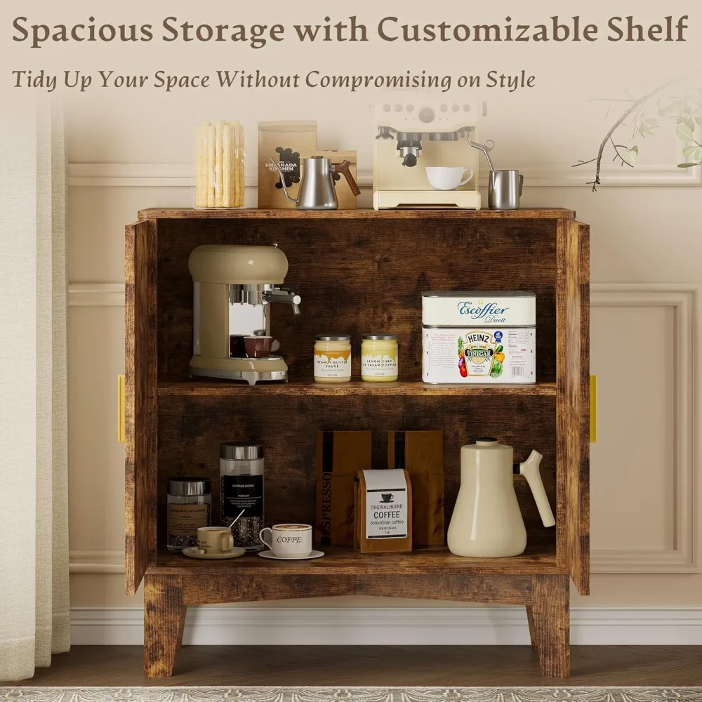 Modern Fluted Storage Cabinet with Adjustable Shelf, Kitchen Pantry Sideboard Coffee Bar Rustic Brown