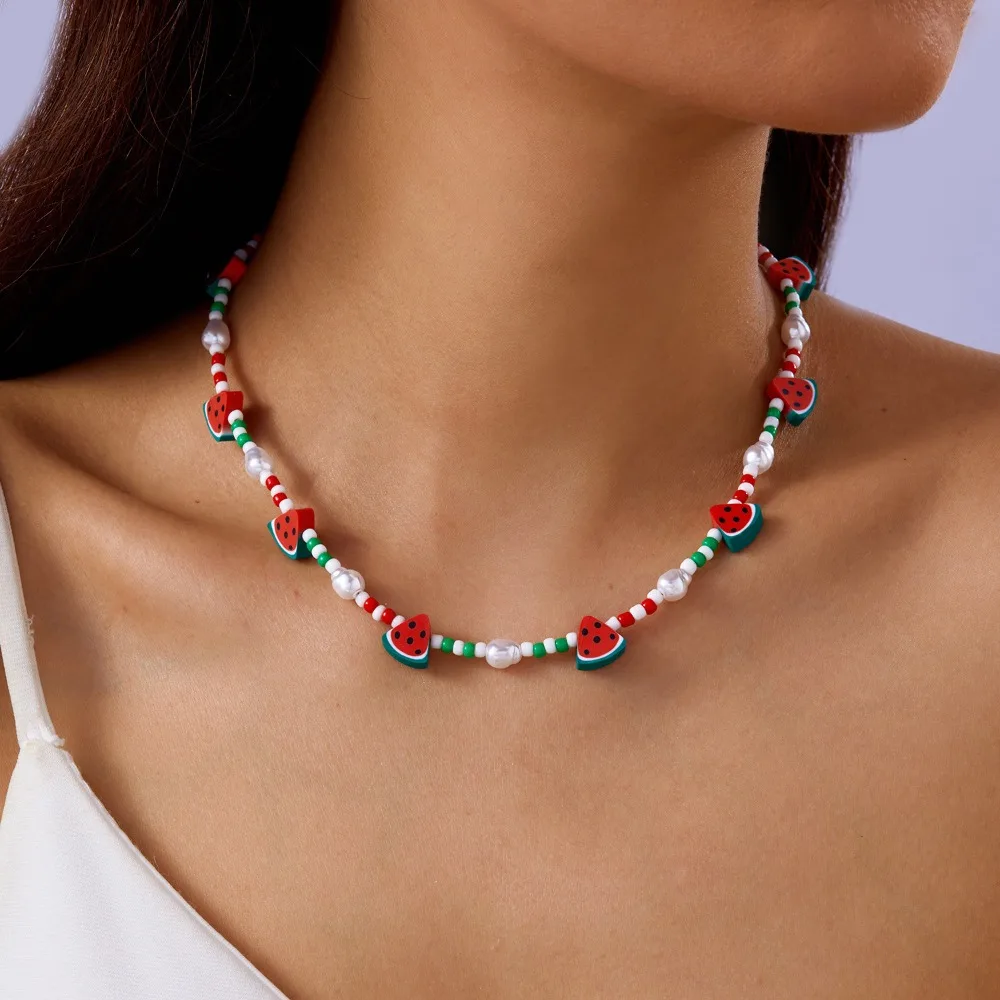 Cute Sweet Multi-color Mini Seed Bead Watermelon Pendant Necklace for Women Summer Beach Fruit Party Gifts Jewelry Accessories