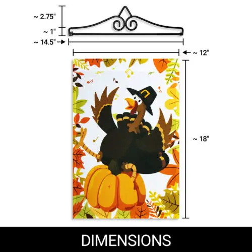 Garden Flag Pilgrim Turkey with Pumpkin 12x18IN & Hanger 14IN Printed Poly