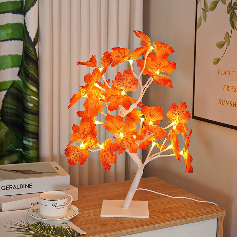 24 LED USB Maple Leaf Fairy Light Flower Tree Table Lamp Rose Night Light Gifts for Wedding Party Autumn Halloween Decoration