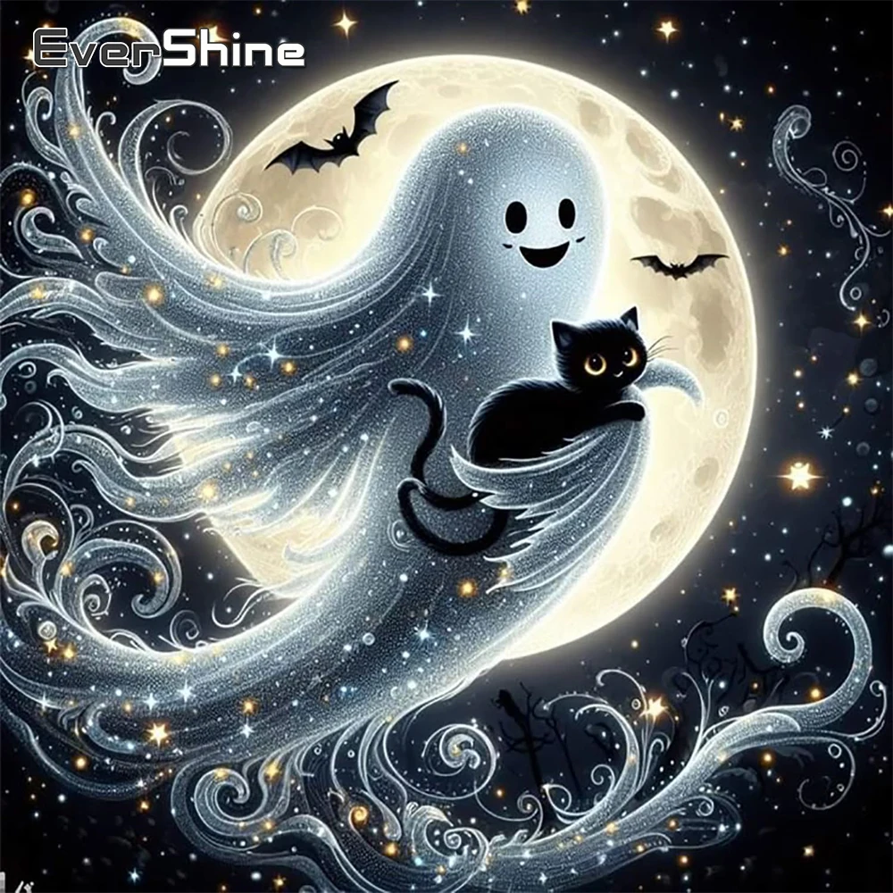 Evershine 5D-Diamantgemälde zum Selbermachen, Geist, schwarze Katze, voll quadratisch, rund, Diamant-Stickerei, Mond, Kreuzstich, Mosaik, Halloween-Geschenk