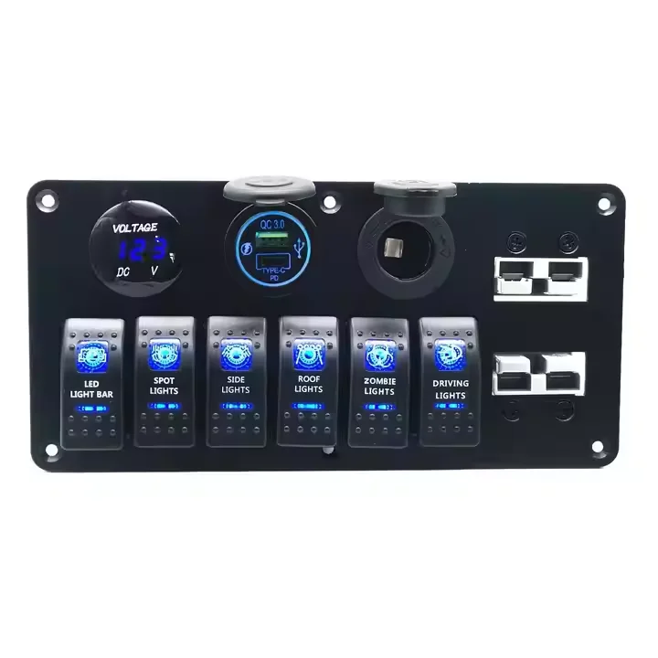Waterproof Dual USB Socket 6 Gang Marine Rocker Switch Panel Digital Voltage Display 50A Rated Battery Connectors For Boats Cars