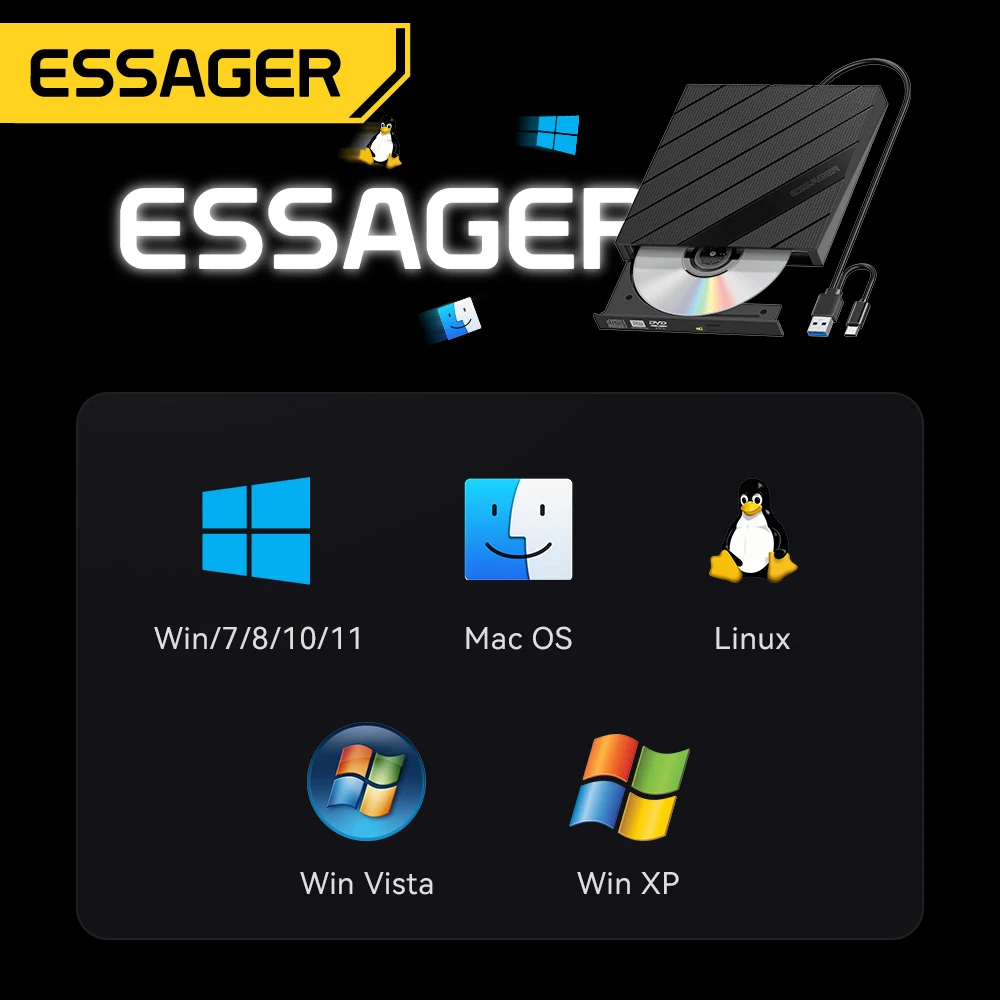 Essager 2 in 1 외장 CD/DVD 버너 광학 드라이브 USB-A/Type-C DVD RW CD 라이터 리더 플레이어 휴대용 레코더 (노트북 PC용)