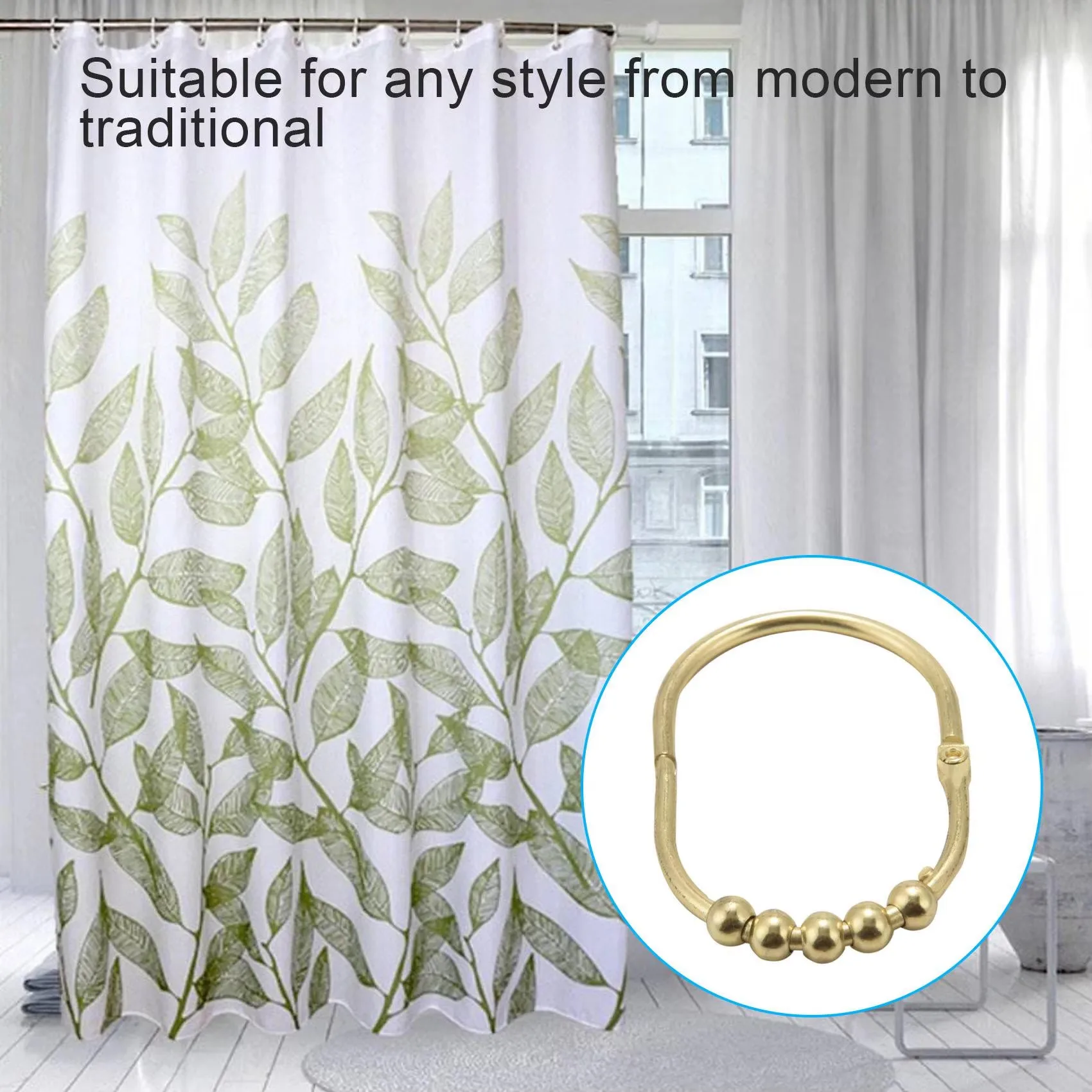 12 Pack Gold Wide Shower Curtain Rings Hooks Set Decorative Chrome Finish Easy Glide Rollers Rings for Shower Rods