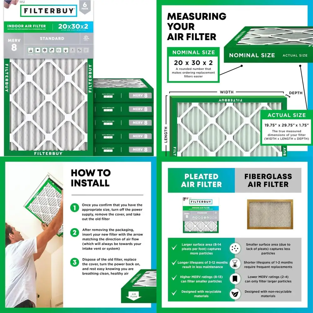 

MERV 8 плиссированных воздушных фильтров 20x30x2 — 6 шт. Замена пылезащиты для систем печей HVAC AC