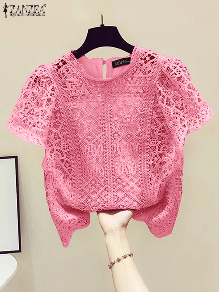 

ZANZEA Элегантная женская модная блузка с коротким рукавом, кружевные рубашки, лето 202, с круглым вырезом, повседневные свободные офисные корейские топы, туника