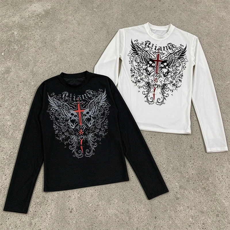 2026 Autumn New Retro Dark Cross Printed T-shirt with Waffle Long Sleeve Gothic Skull Wings Pattern Round Neck Hoodie Top New