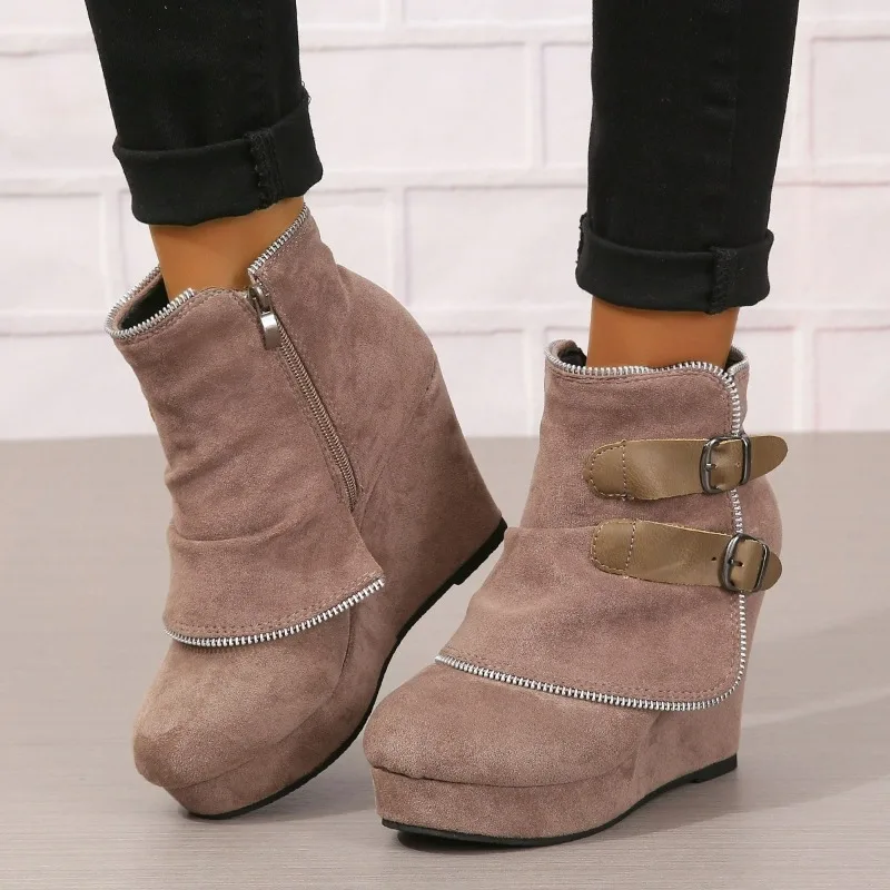 2026 New Women's Boots Zip Women's High Heels Suede Fashion Wedge Heels Durable Retro Women Ankle Boots Round Head Bottes Femmes