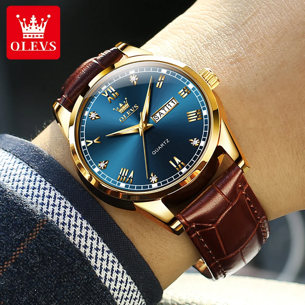 OLEVS 6896 Hot Sale Men’s Dress Wristwatch Business Leather Strap Waterproof Dual Calendar Man Watches Fashion Luxury