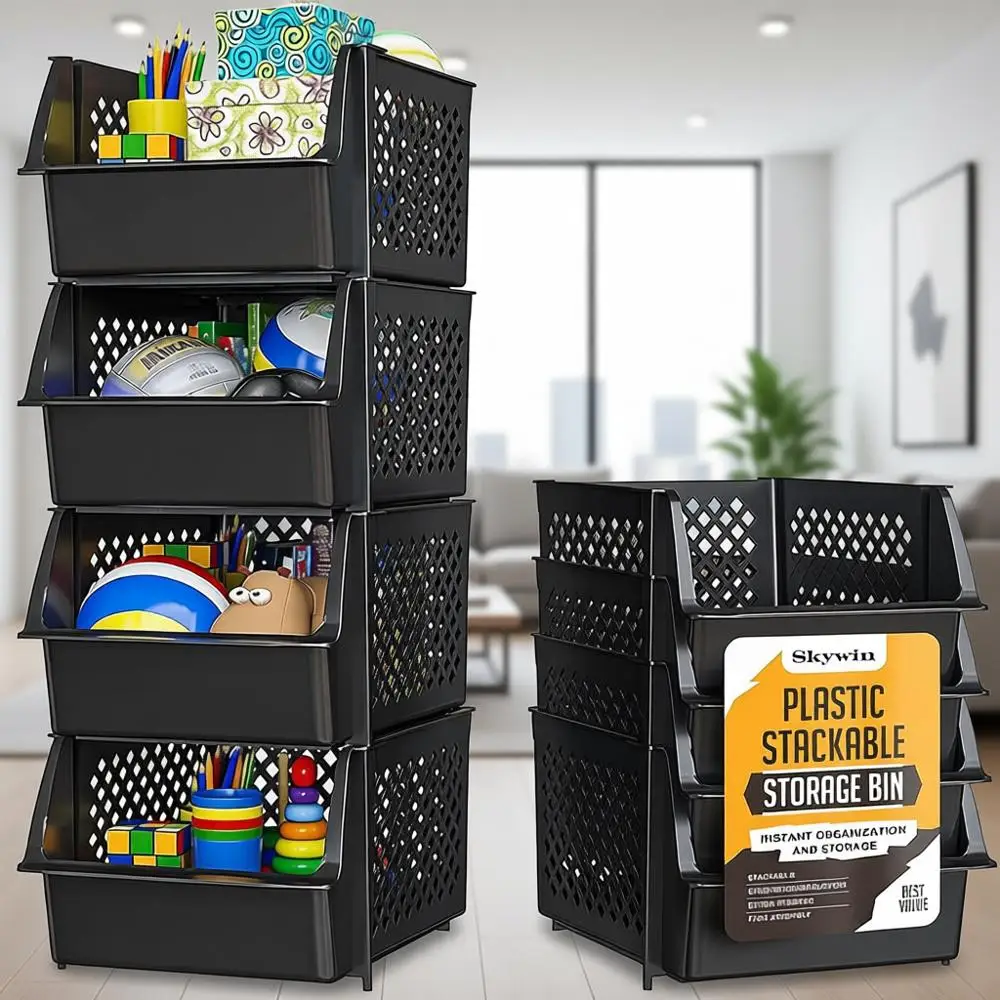 

Stackable Pantry Storage Bins, 4-Piece Set for Kitchen and Home Organization (Black)