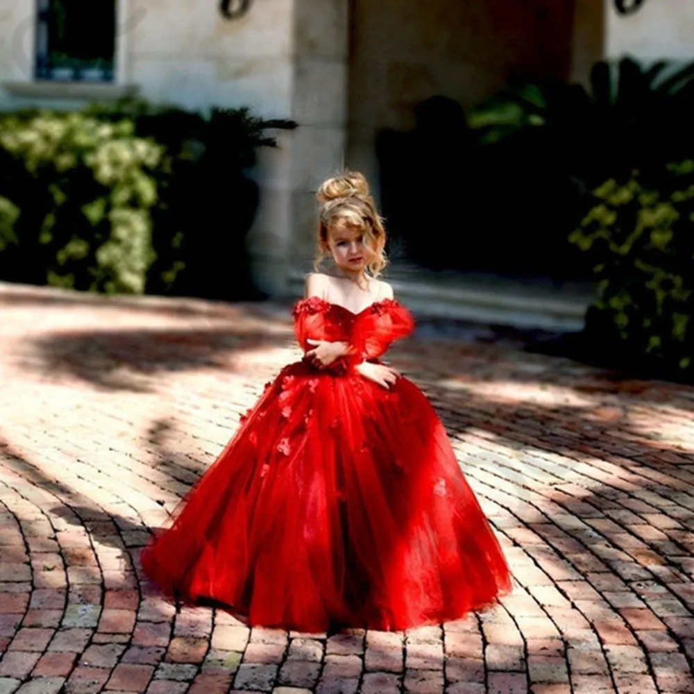 Flower Girl Dress Kids Princess Lace Tea Length Wedding Fold Sweetheart Tulle Short Sleeve Prom Dresses Red High/Low