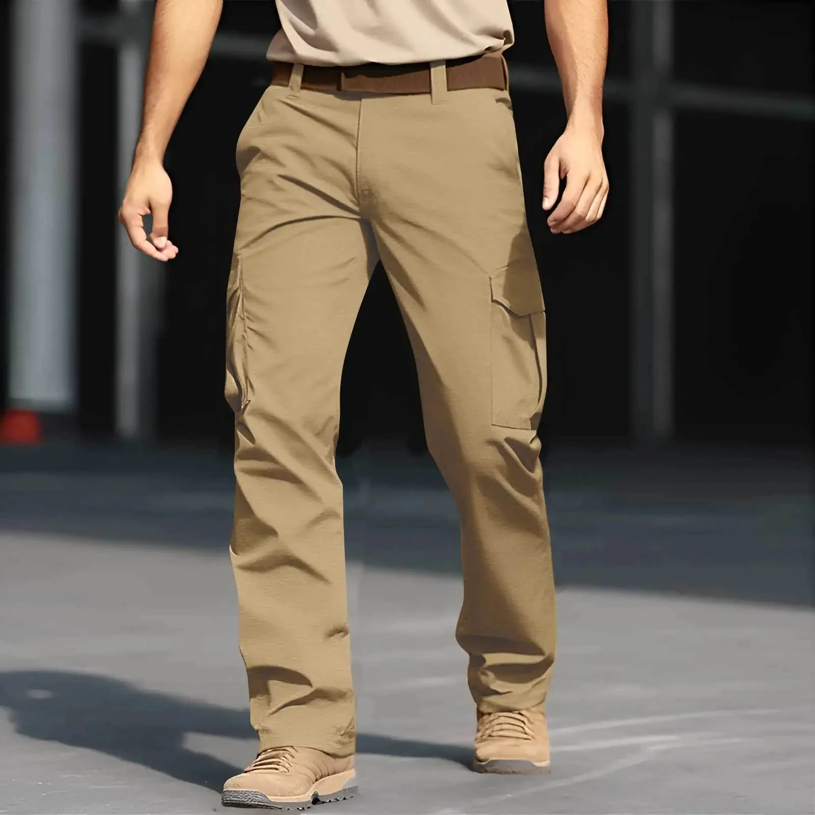 

Men's Fashion Casual Cargo Pants Solid Hiking Straight Full Length Trouser Multiple Pockets Zipper Fly Breathable Pants