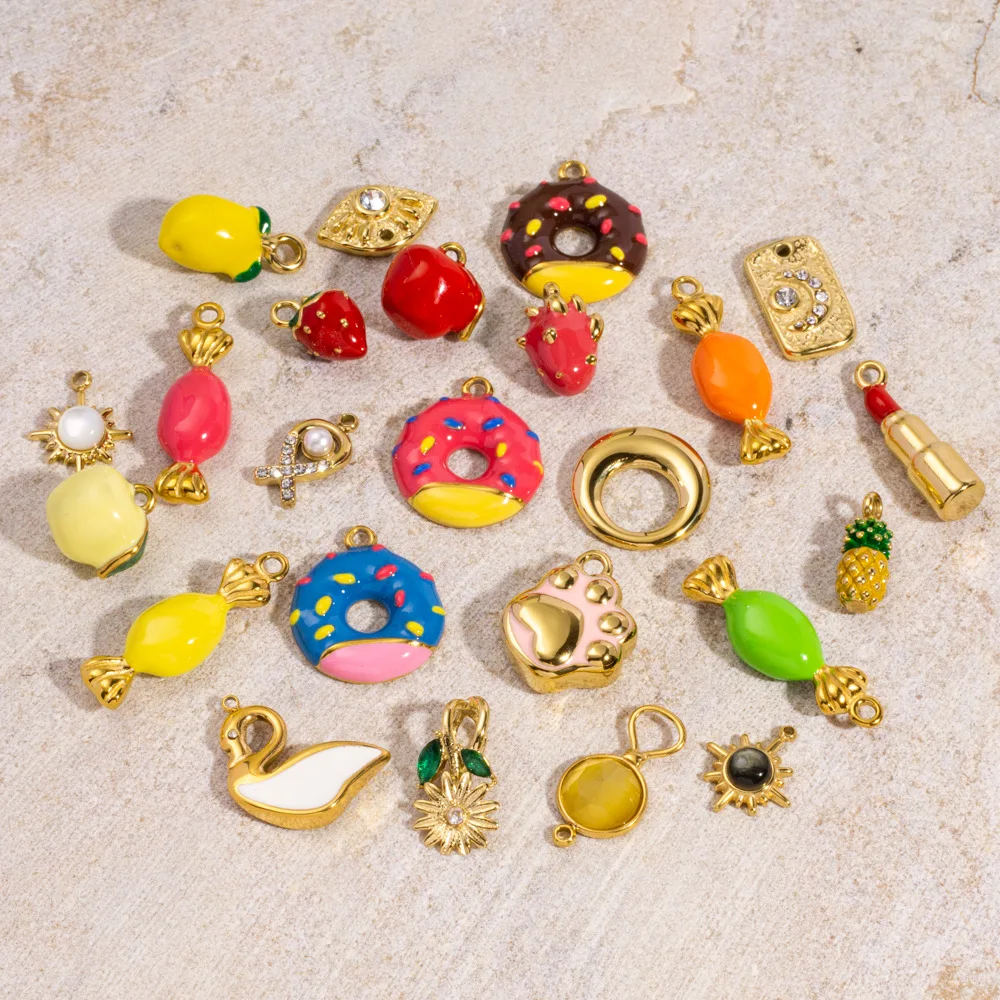 

Cute Donut Jewelry Findings Pink Blue Enamel Gold Plated No Fading Earring Candy Apple Pendant Necklace DIY Charm Handmade