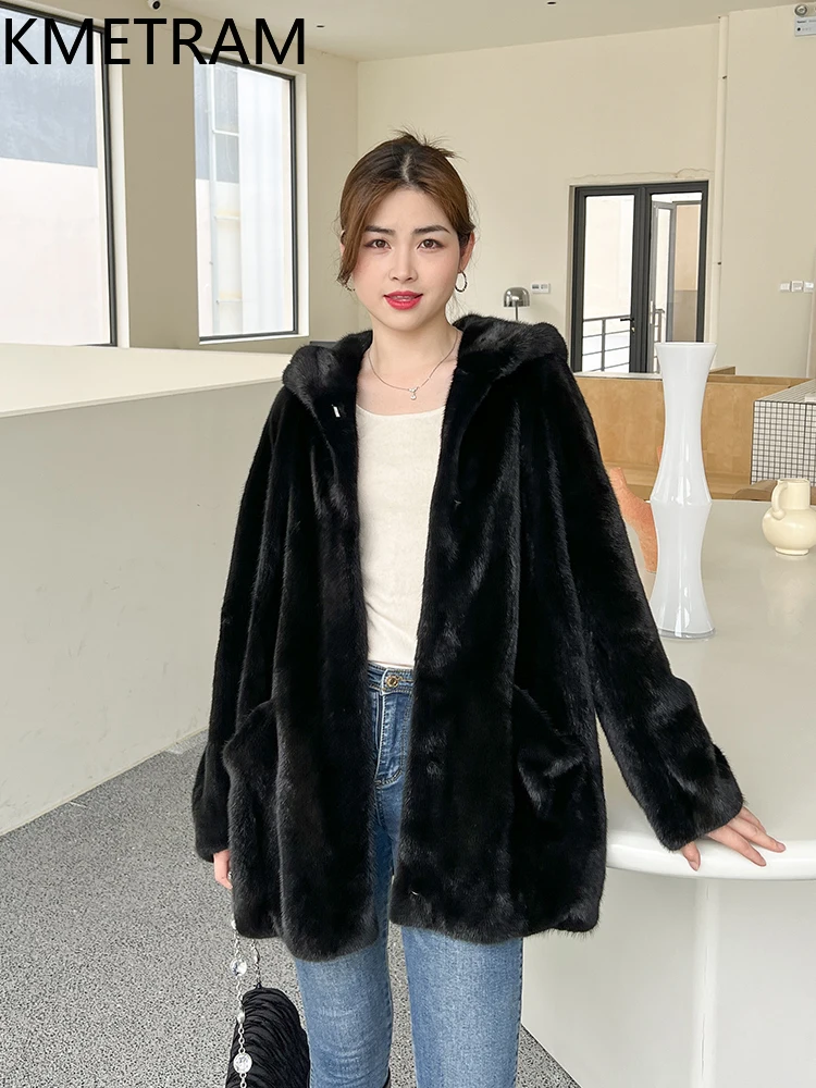 سترة KMETRAM من فرو المنك المخملي ذو العلامة الأرجوانية الطبيعية للنساء معطف فرو حقيقي متوسط الطول مع غطاء محرك السيارة ملابس شتوية 2025 شوروبا