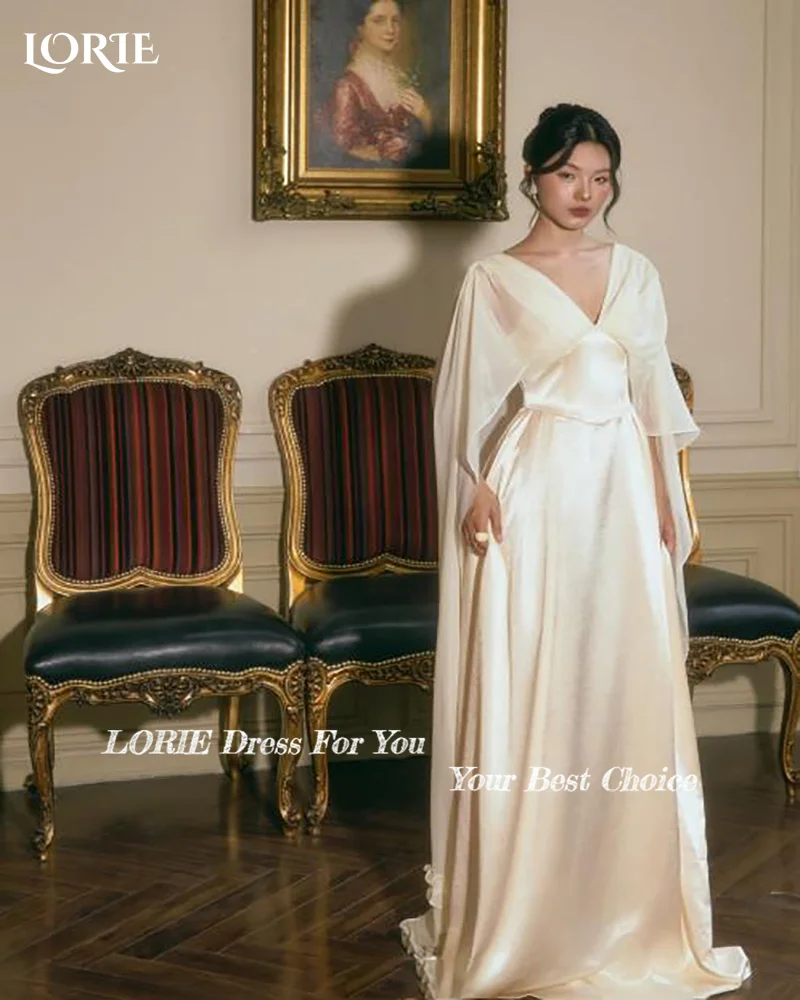 LORIE Shawl Church Wedding Dress V Neck Long Sleeve A-line Mermaid Muslim ivory Bride Gown Chiffon Customized Corset Bride Dress