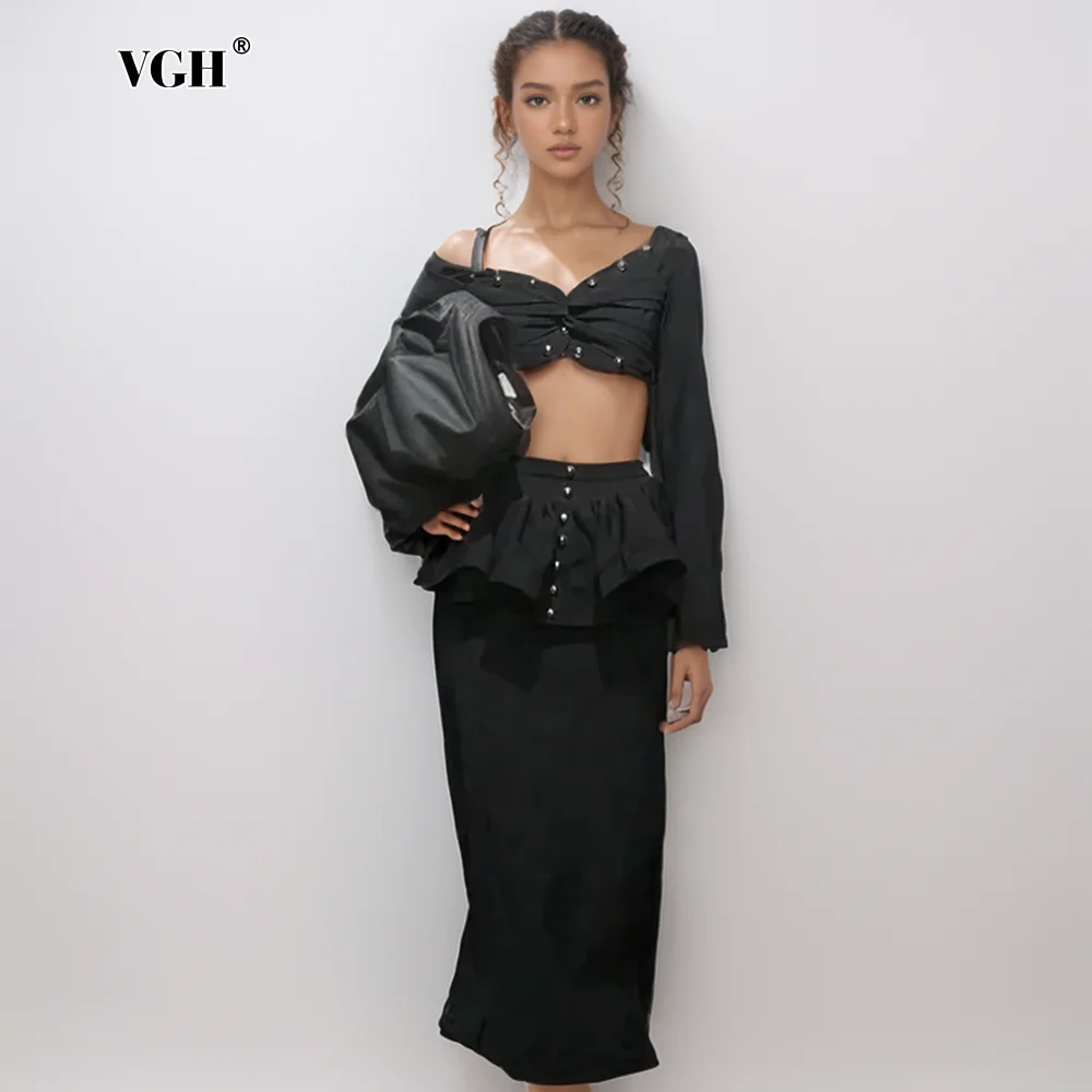 

VGH Sexy Two Piece Sets For Women Diagonal Collar Long Sleeve Spliced Folds Shirt High Waist A Line Skirt Chic Slim Set Female