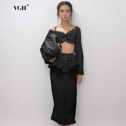 VGH Sexy Two Piece Sets For Women Diagonal Collar Long Sleeve Spliced Folds Shirt High Waist A Line Skirt Chic Slim Set Female