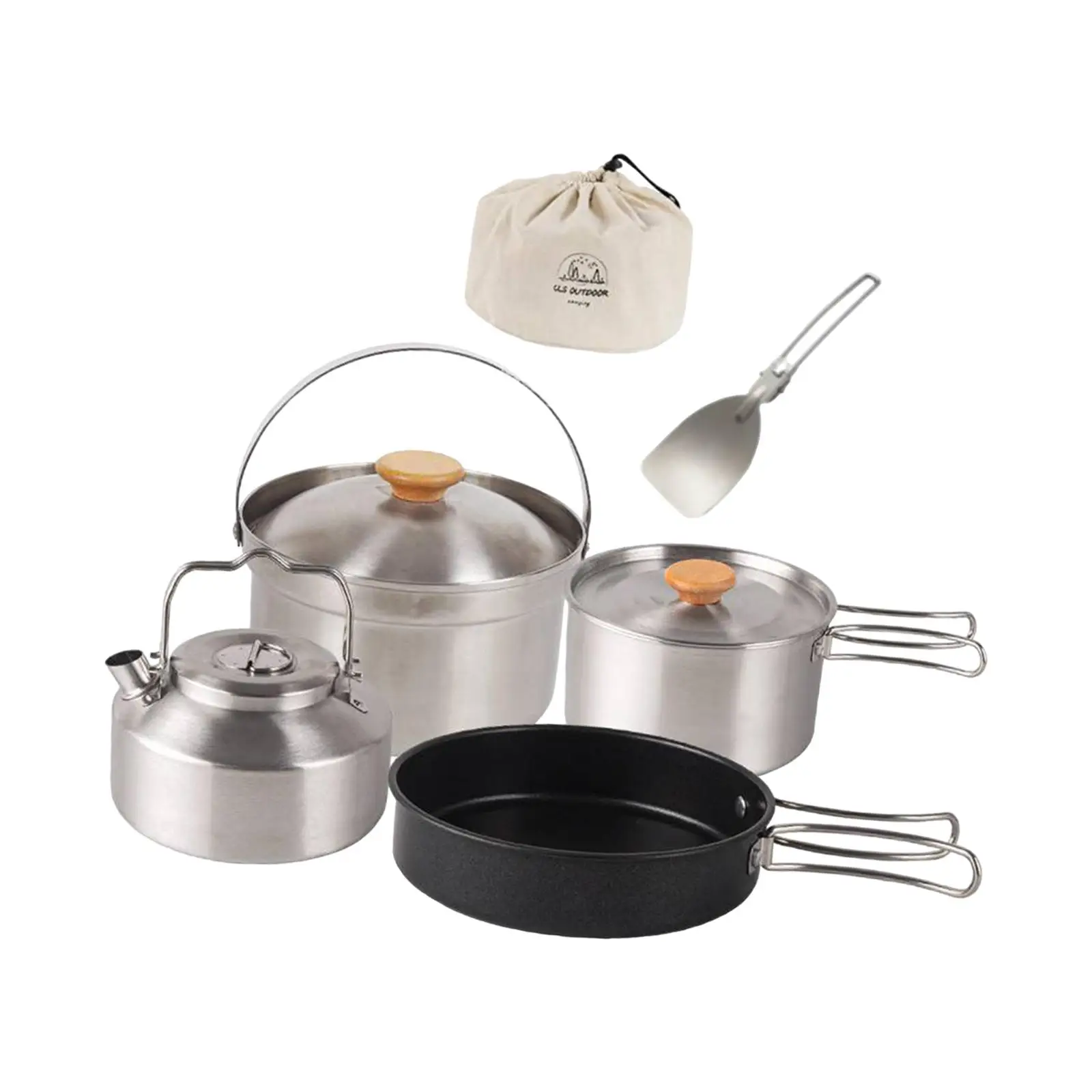 Camping Cookware Cook Gear Portable Nonstick Frying Pan, Teapot, Kettle Folding Handle for Hiking Campfire Dinner Travel Picnic view 2