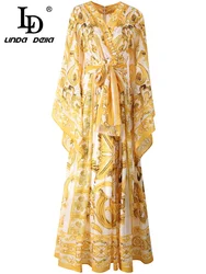 LD LINDA DELLA Summer Runway Fashion Dress Women's Bohemian Print Fly Sleeve Lace Up Sashes Temperament Long Dresses