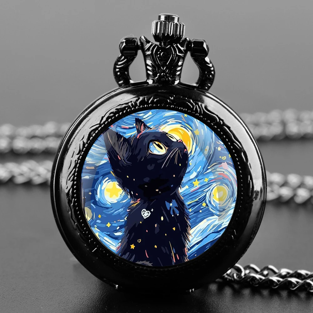 Vans Goghs Famous Black Cat Panda Design Quartz Pocket Watch Vintage Clock Chain Jewelry Pendant Clock Gift Reloj De Bolsillo