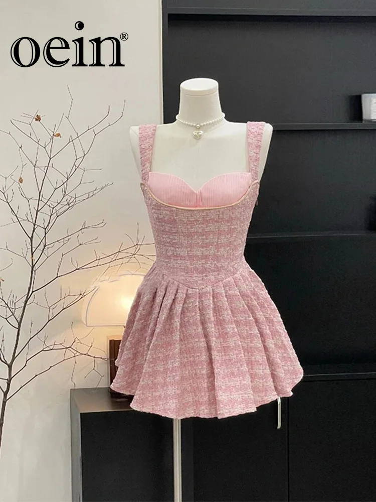 

[oein] Pink Hanging Strap Dress Women 2024 New Design Coarse Tweed Reduce and Fashionable Waist