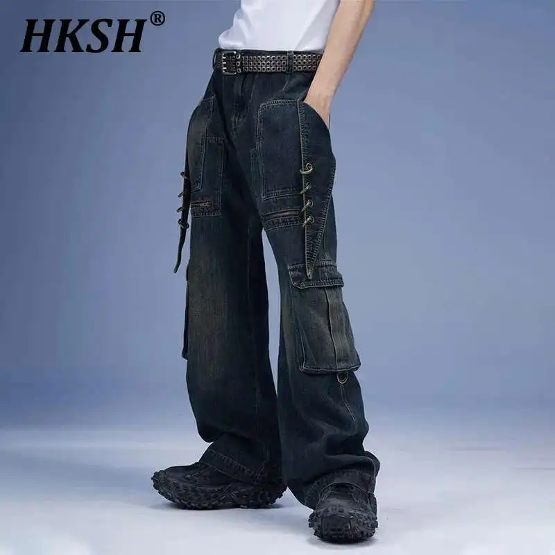 

HKSH 2025 Spring New Men Tide Punk Niche Design Deconstructed Pockets Denim Pants Dark Heavy Washed Loose Straight Jeans HK4435