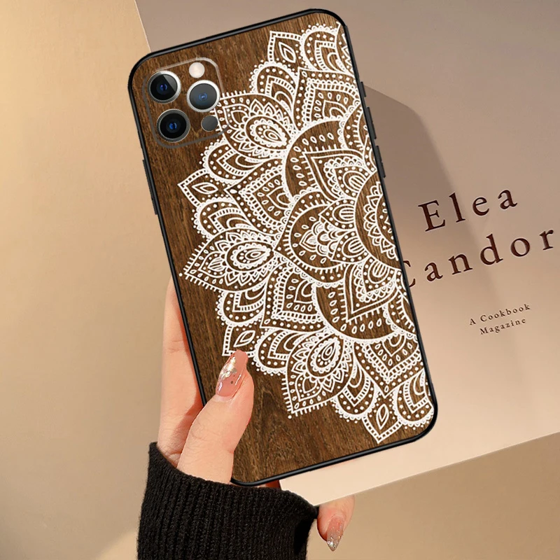 Mandala Floral Wood Funda For iPhone 15 14 13 12 11 16 Pro Max Mini 14 Plus XS Max X XR Phone Case